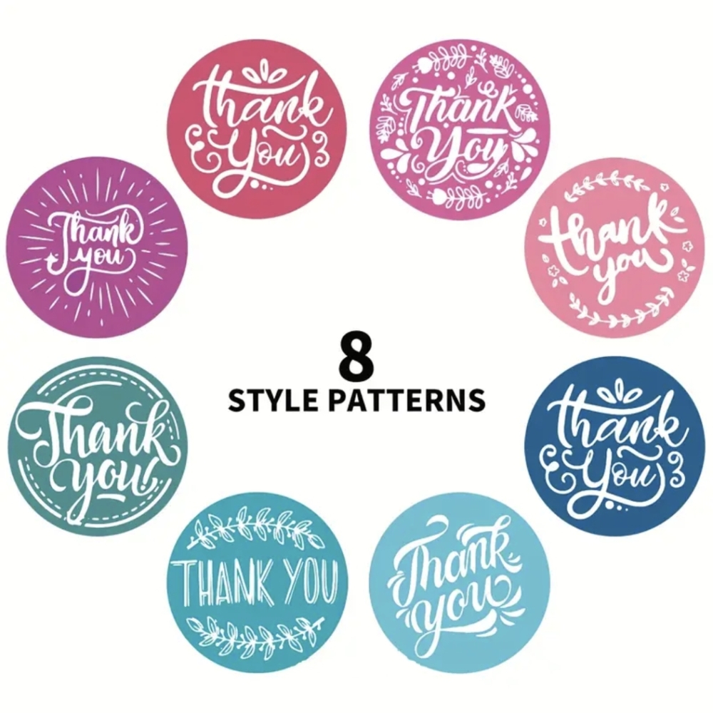One Variety Roll of 500 Thank You Stickers - One Inch, 8 Colors & Styles - Picture 3 of 3